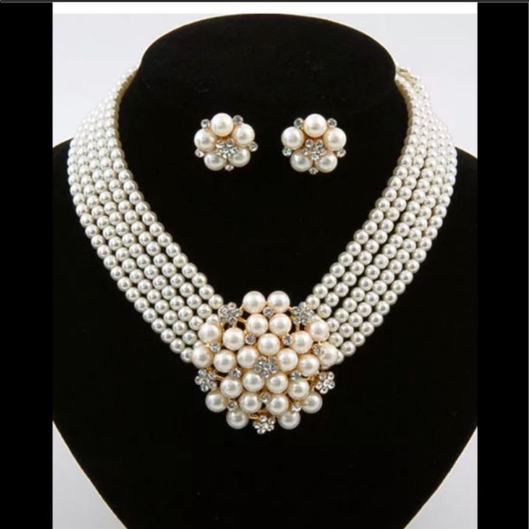 Audrey Style Pearl Crystal Costume Necklace Set - Picture 2 of 4